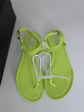 BCBGeneration Neon Lime T-Strap Sandals with Silver Accent